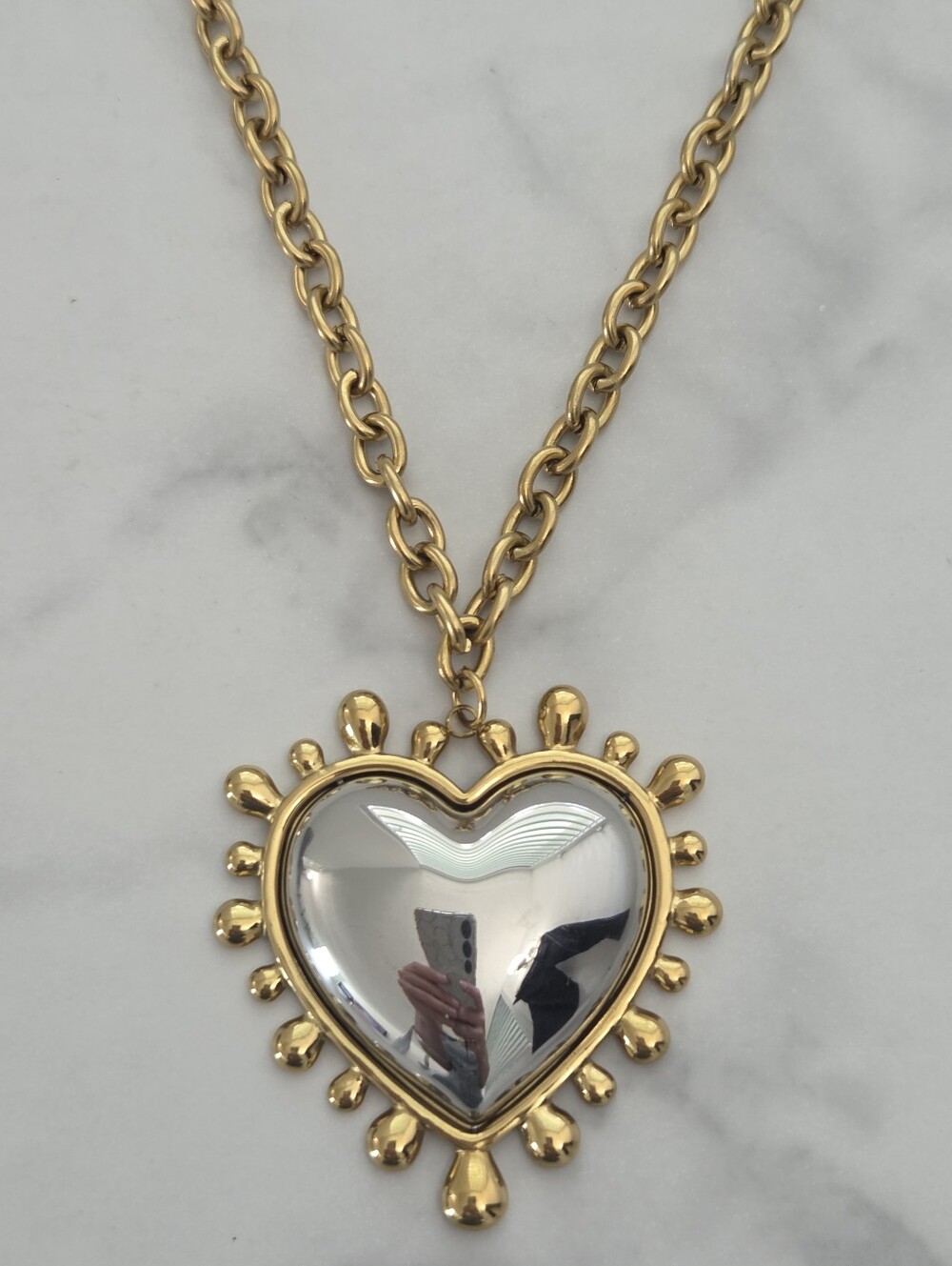 Two Tone Puffy Heart Pendant Statement Necklace - Picture 7 of 16